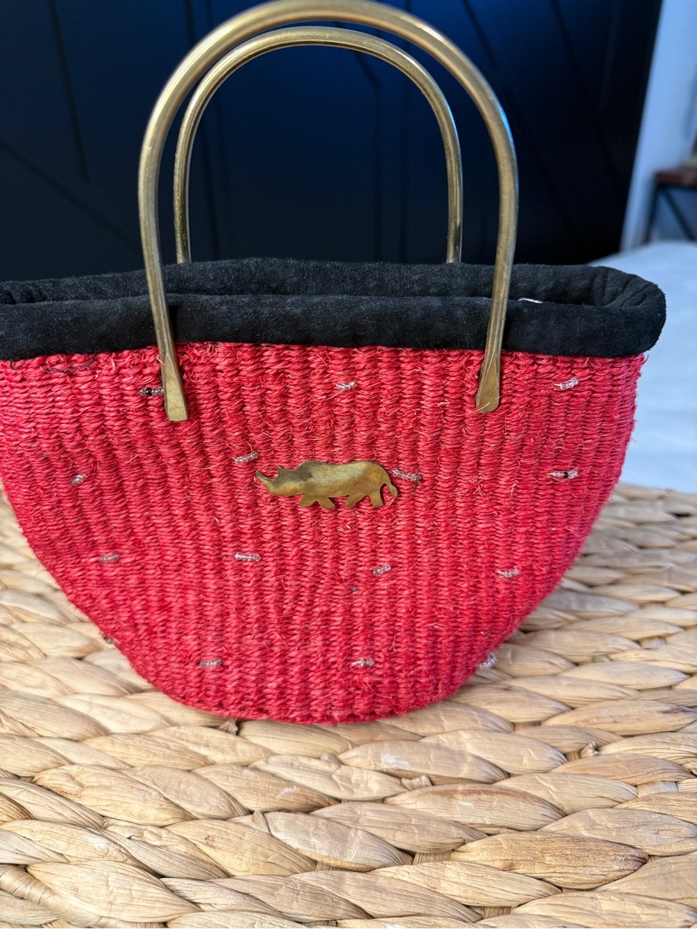 Vintage Kenyan Kiondo Sisal Basket Bag - Red Beaded Woven Tote - Brass Rhino